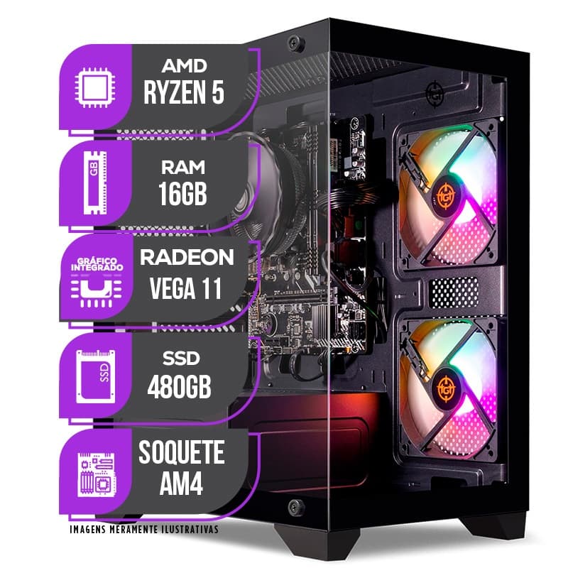 PC Gamer Mancer, AMD Ryzen 5, RX Vega 11, 16GB DDR4, SSD 480GB, Fonte 400W 80 Plus