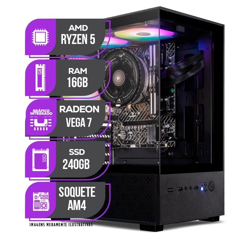 PC Gamer Mancer, AMD Ryzen 5 5600GT, Vega 7, 16GB DDR4, SSD 240GB, Fonte 400W 80 Plus