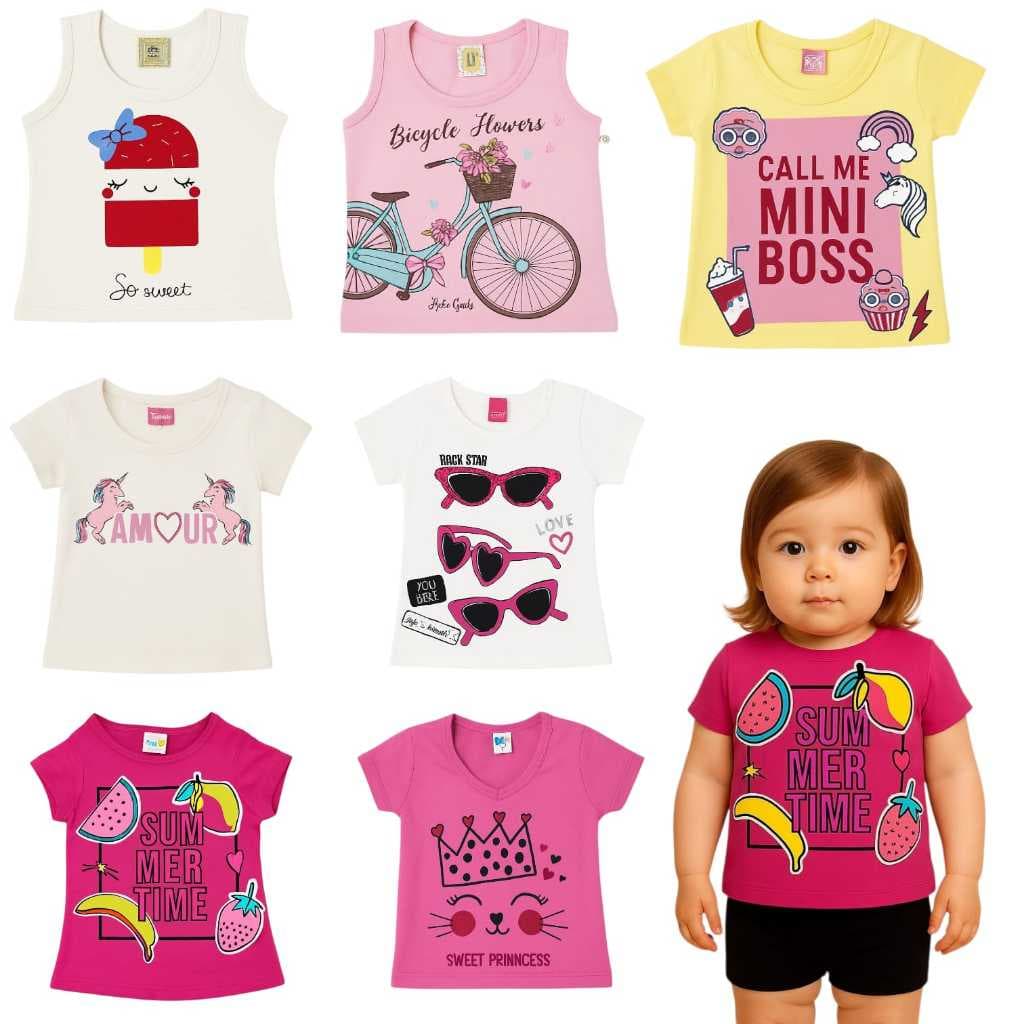 Kit com 10 Peças de Camisetas Verão Infantil de Menina Tamanho 1 e 2 Anos