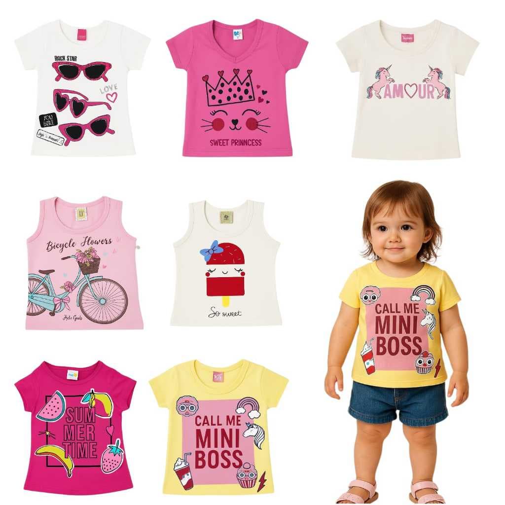 Kit 10 Camisetas Infantil Menina com Estampas Variadas Tamanho 1 e 2 Anos