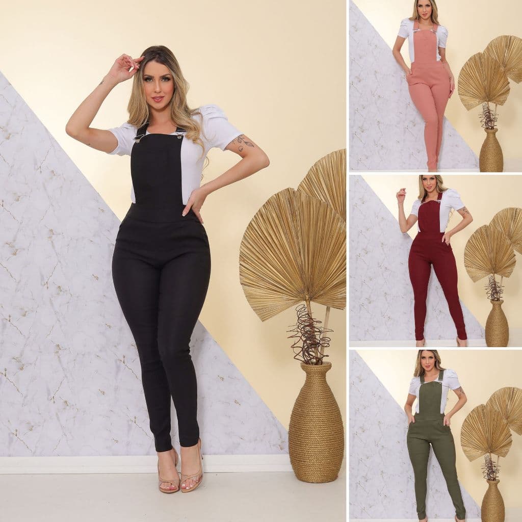 Kit 4 Jardineira Feminina Macacão Suspensorio Longo Bengaline Skinny Oferta