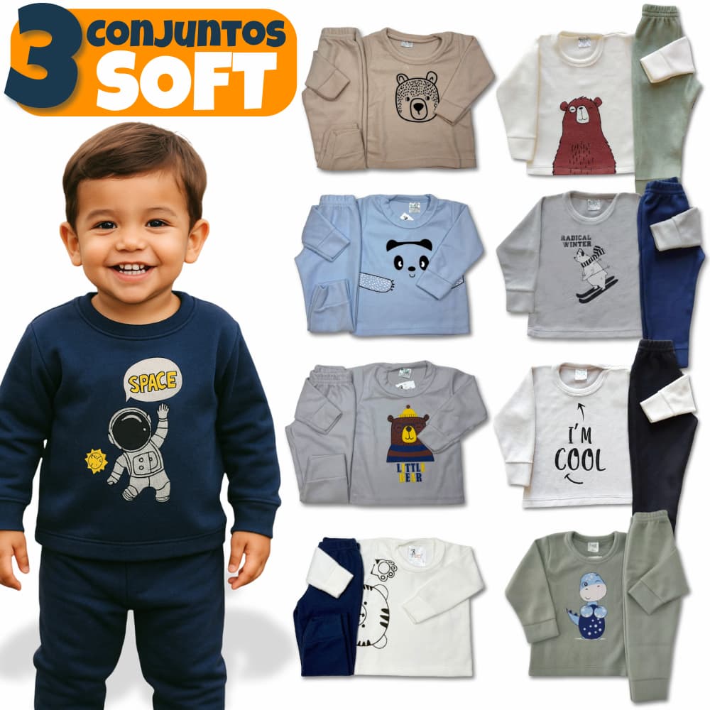 Kit 6 Peças Inverno Menino, 3 Conjuntos Soft Bebê e Infantil P ao 3 anos Roupas de Bebê Frio Sortido