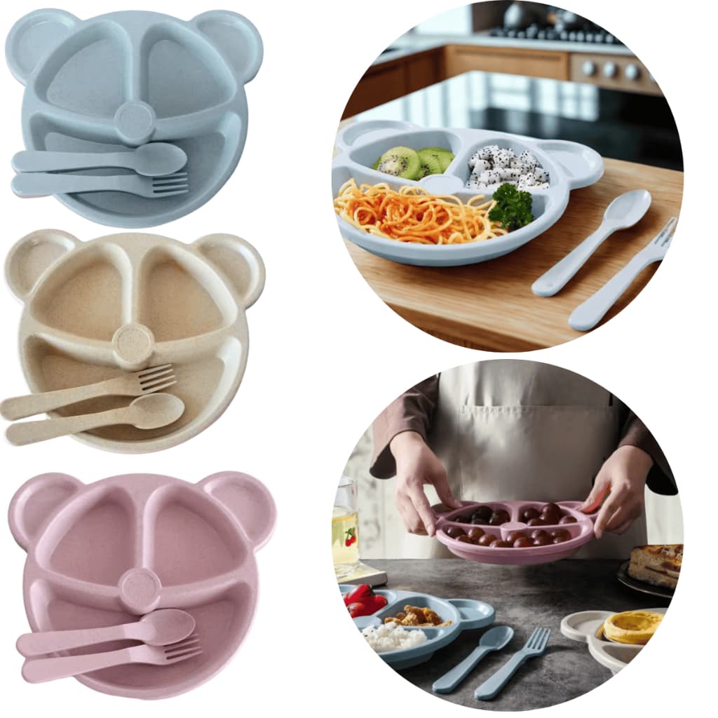 Prato Infantil com Divisórias e Talheres Ursinho – Pratinho para Papinha em Plástico