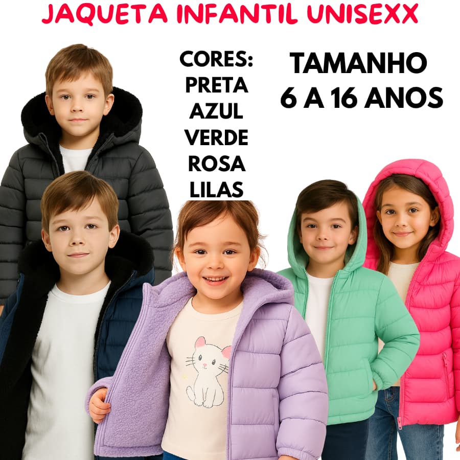 Jaqueta Infantil Juvenil Puffer Forrada Pelúcia COM Capuz BLUSA DE Frio 4 a 18 ANOS UNISEXX VERMELHA PRETA VERDE AZUL