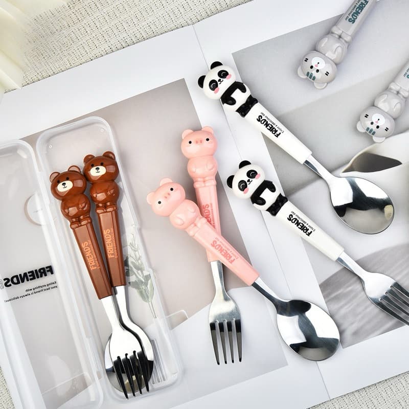 Kit Talher 2 peças Infantil C/ Estojo Aço Inox Colher Garfo Talheres vários modelos