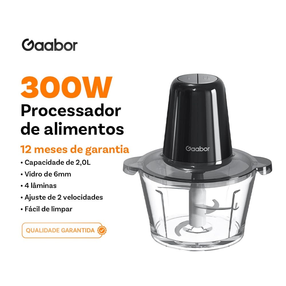 Gaabor Processador Alimentos 2L 4 Lâminas Aço Triturador Carne Legumes Vidro Elétrico MG-15M02A-1