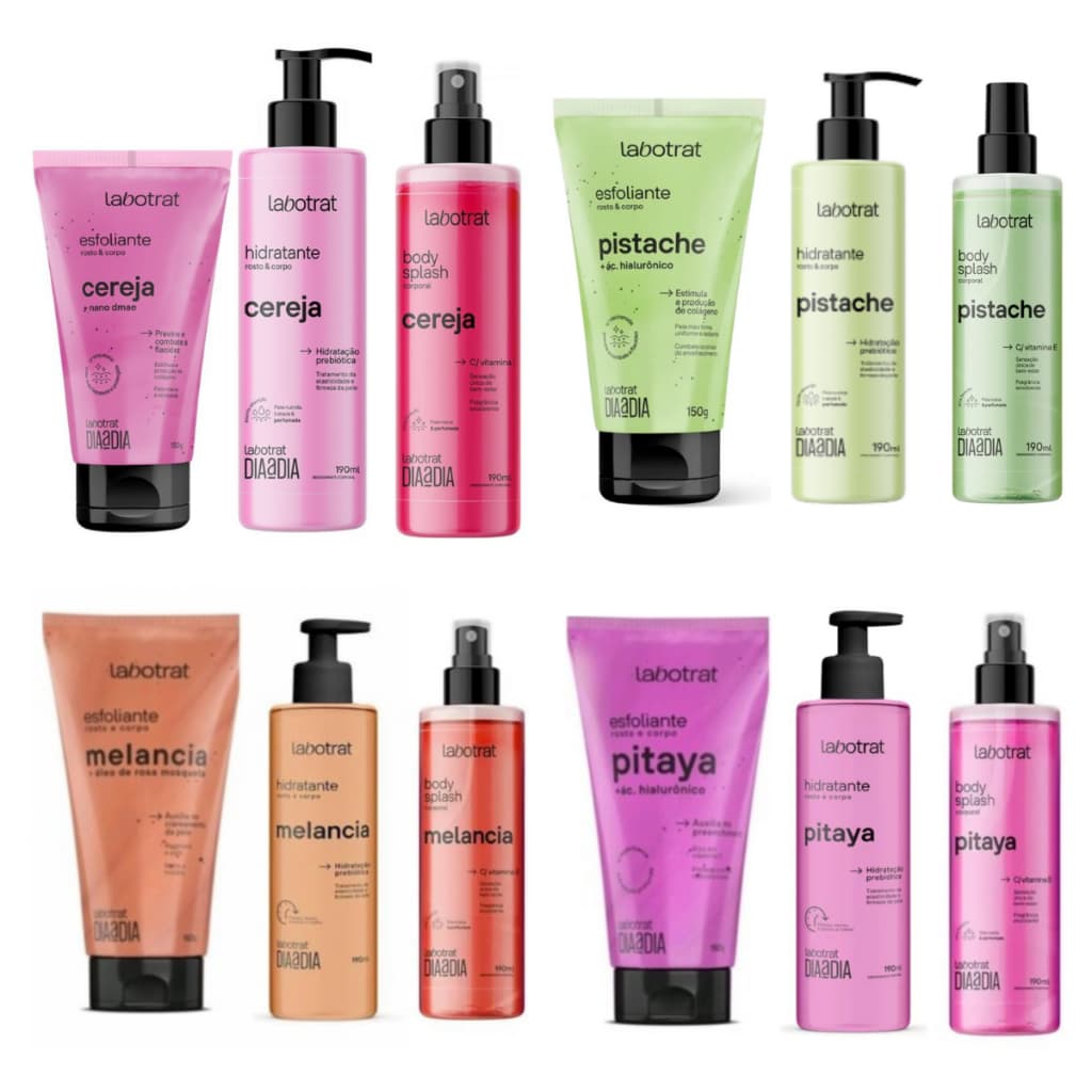 Kit Esfoliante 150g Hidratante 190 ml Body Splahs 190 ml - Labotrat Morango Pistache Melancia Cereja Hibisco