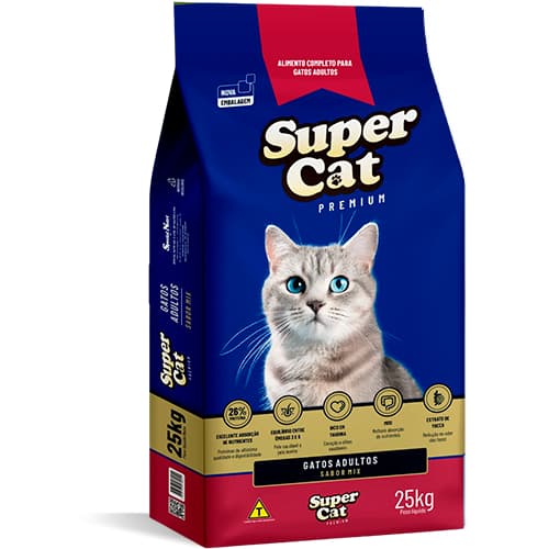RAÇÃO Kit 5 Super Cat – 5×1 kg | Sabor Carne e Peixe Contém Taurina e Prebióticos