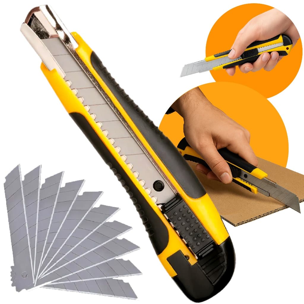 Kit Estilete Profissional 18mm Emborrachado Com Lâminas Extra Reforçado Linha Premium