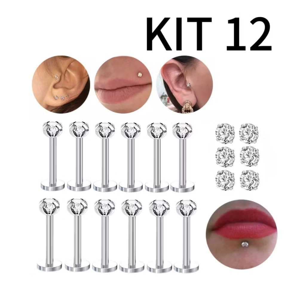 Kit 12/24 Piercing Labret Ponto De Luz (2.5mm) Helix Tragus Conch Aço Cirúrgico 8/10mm