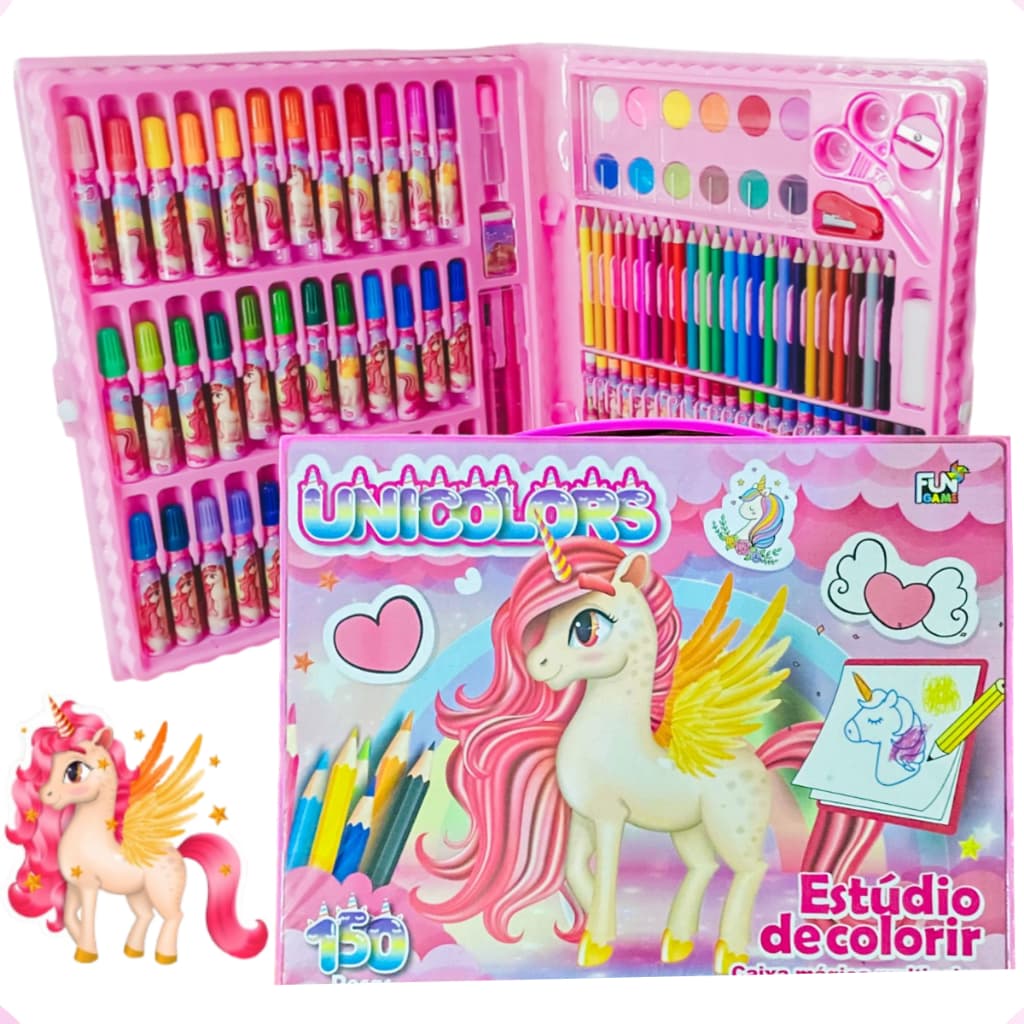 Kit Escolar Maleta Pintura Infantil Estúdio 150 Peças Mundo Unicórnio Dinossauro Sereia
