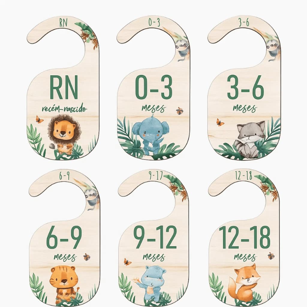 Kit Separador de Cabides Bebê Safari - 6 Peças em MDF para Organização do Enxoval
