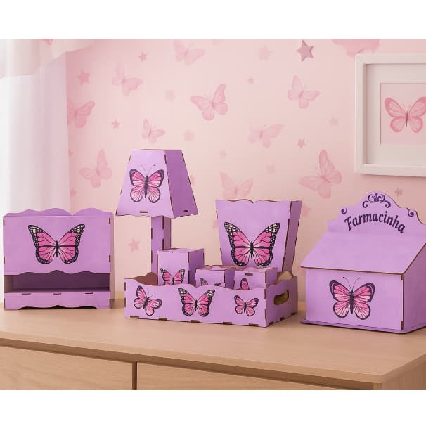 Kit Higiene Para Bebê Menina Borboleta Adesivado 8 Peças Chá de Bebê Organizador De Quarto MDF