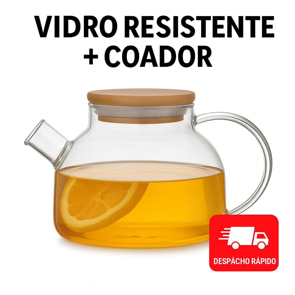 Chaleira Bule de Vidro Borossilicato 1L com Tampa de Bambu e Coador Infusor de Inox
