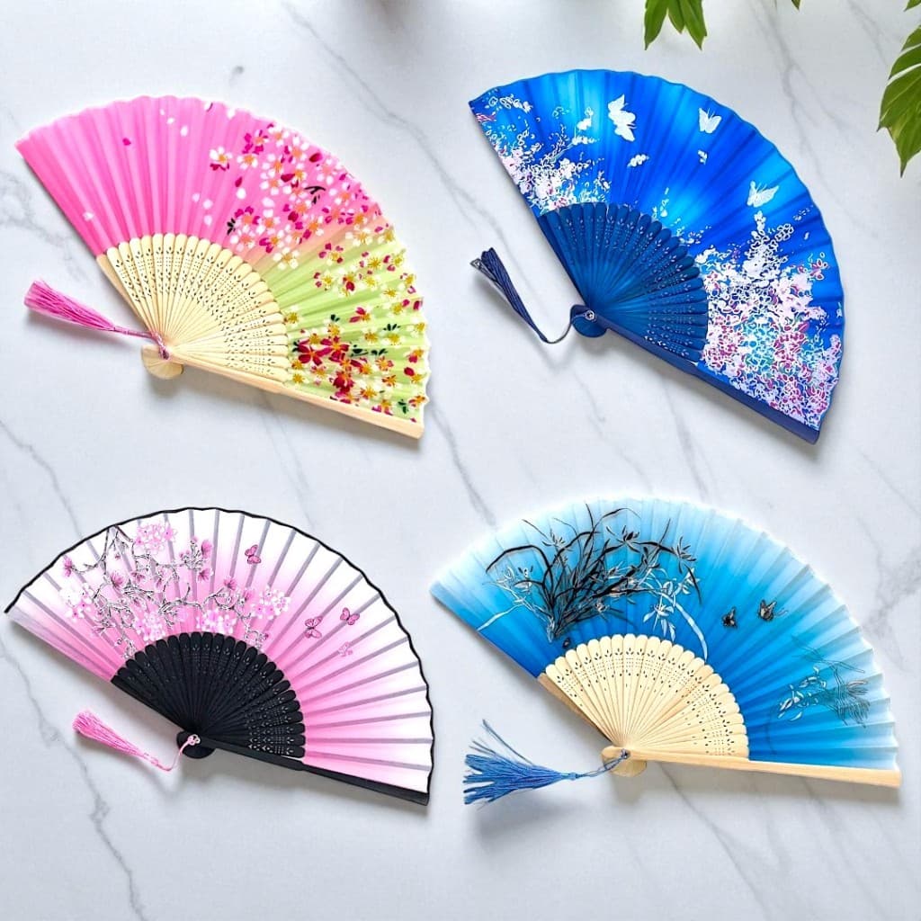 Leque Oriental Japonês Varias Estampas Diversas Cores Madeira Escuro Gueixa Mão Gueixa