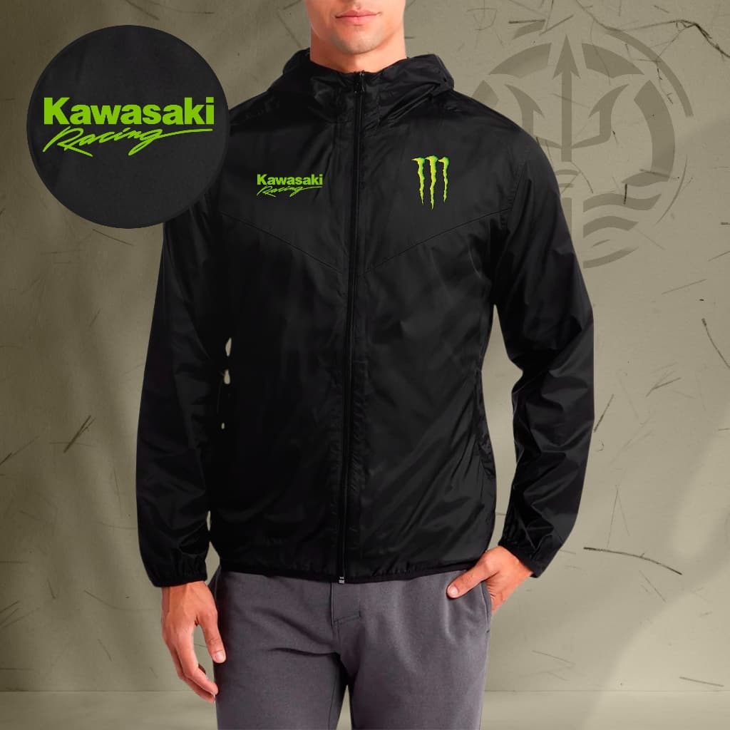 Jaqueta Corta Vento Masculina - MONSTER KAWASAKI - Com Capuz, Bolso e Zíper - Academia Corrida Esportes