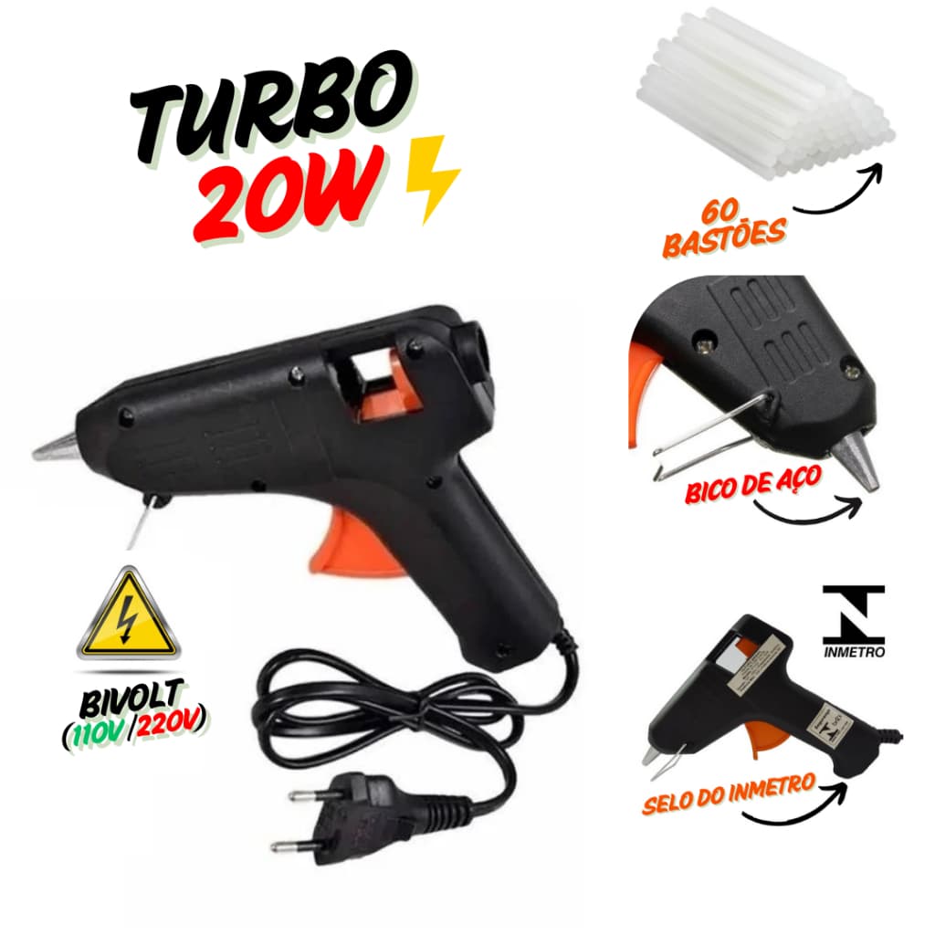 Pistola Cola Quente 20W Turbo + 60 Bastões de Cola – Bivolt e Pronto pro Uso!