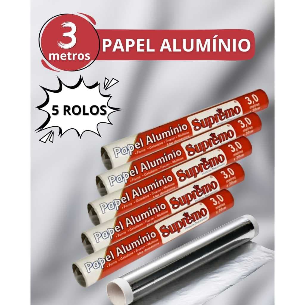 Papel Alumínio Rolo 3 Metros X 30 cm 5 Rolos Altas Temperaturas Resistente Prático