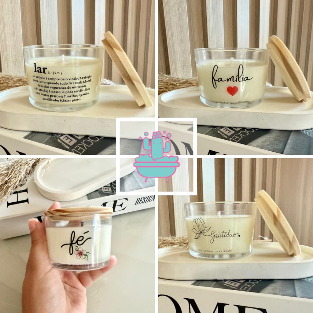 Vela Perfumada com Frase – 100g • Tampa Madeira • Vegana • Artesanal