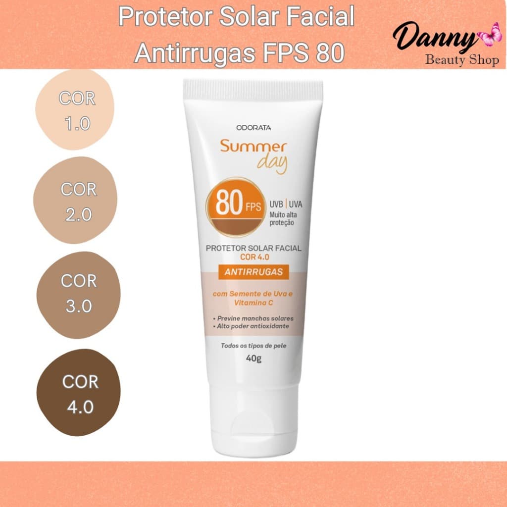Protetor Solar Facial Antirrugas com cor FPS 80 - Summer Day Odorata 40g