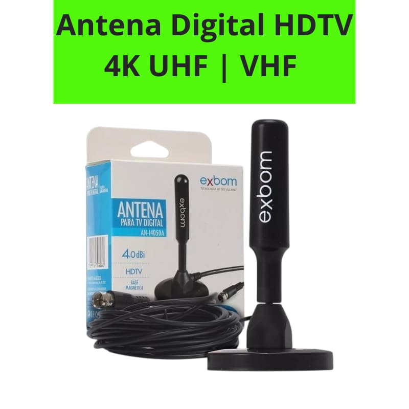 Antena Digital Hdtv Smart TV Amplificada Interno/Externo 4Dbi Cabo 5m UHF/VHF Base Imã Exbom