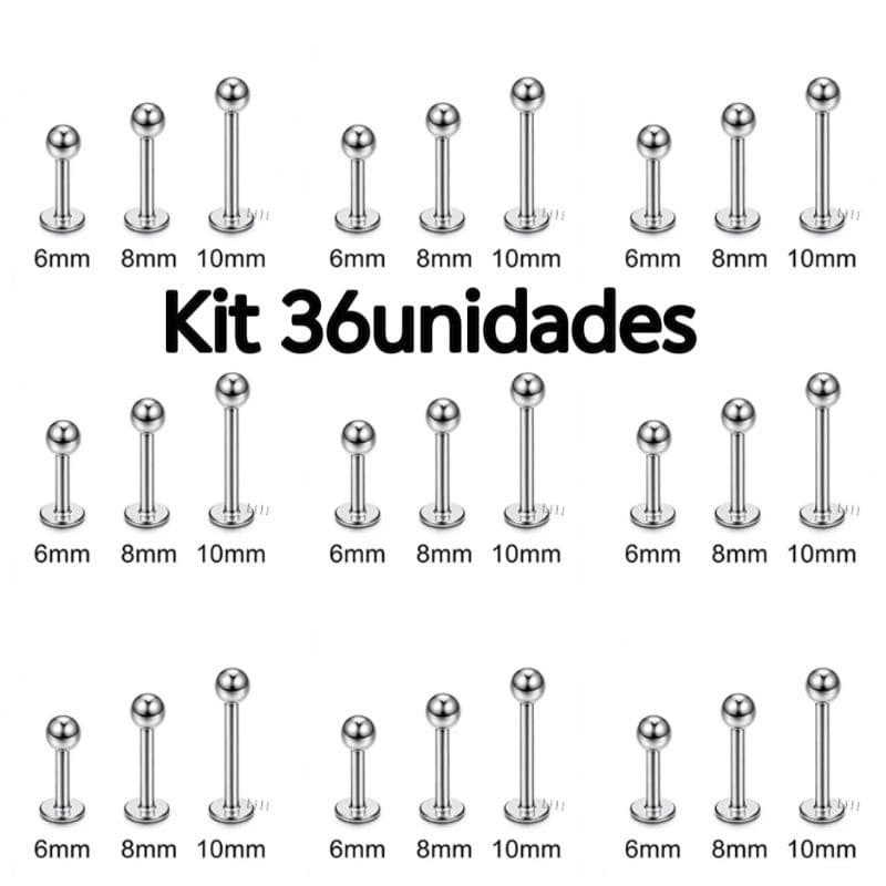 kit 36Piercing (com 3 cartela 6/8/10mm)Labret Lábios Boca Tragus Conch Aço inoxidavel Cirúrgico