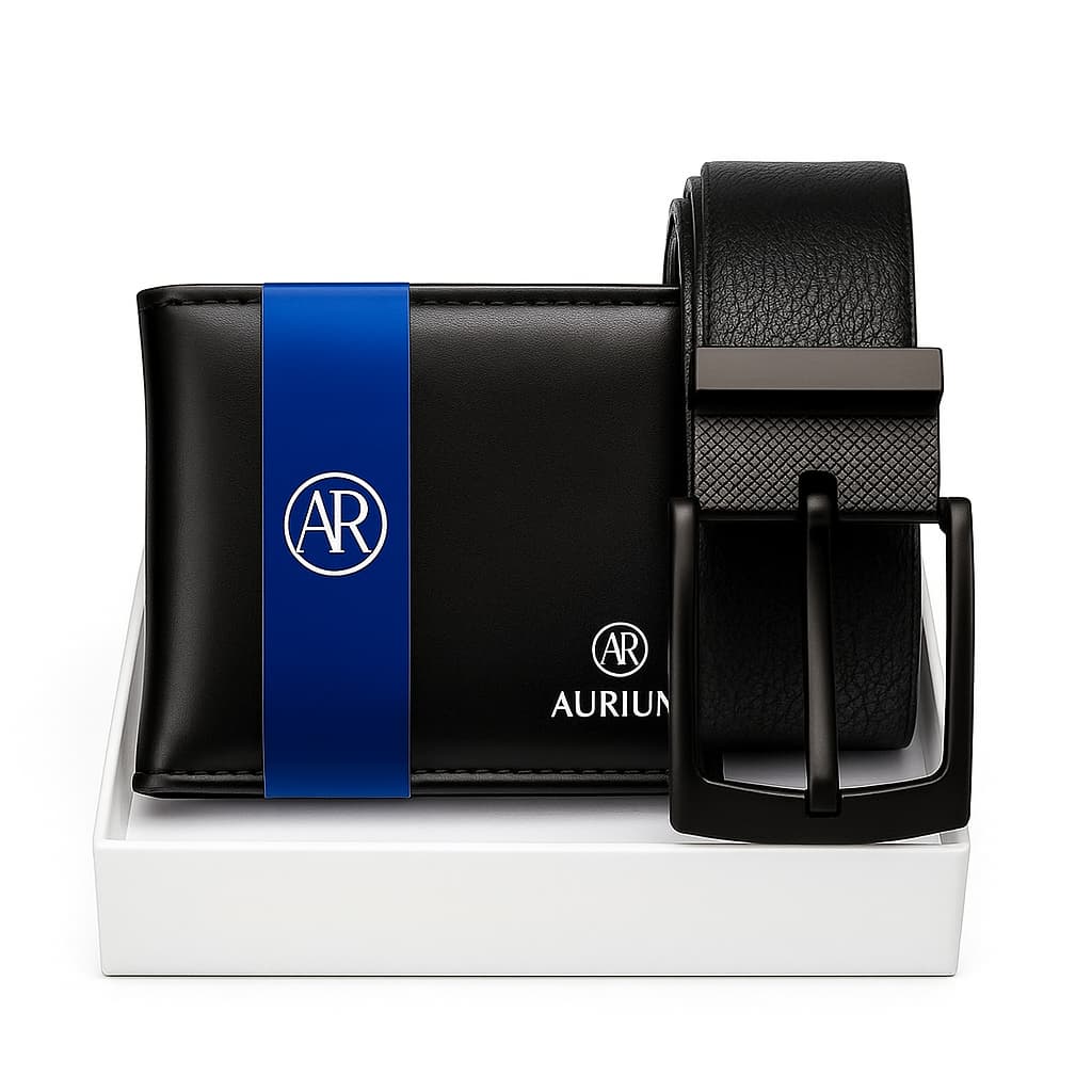 Kit Carteira Masculina Couro AURIUM + Cinto Masculino Preto Ajustável com Fivela de Metal Preta