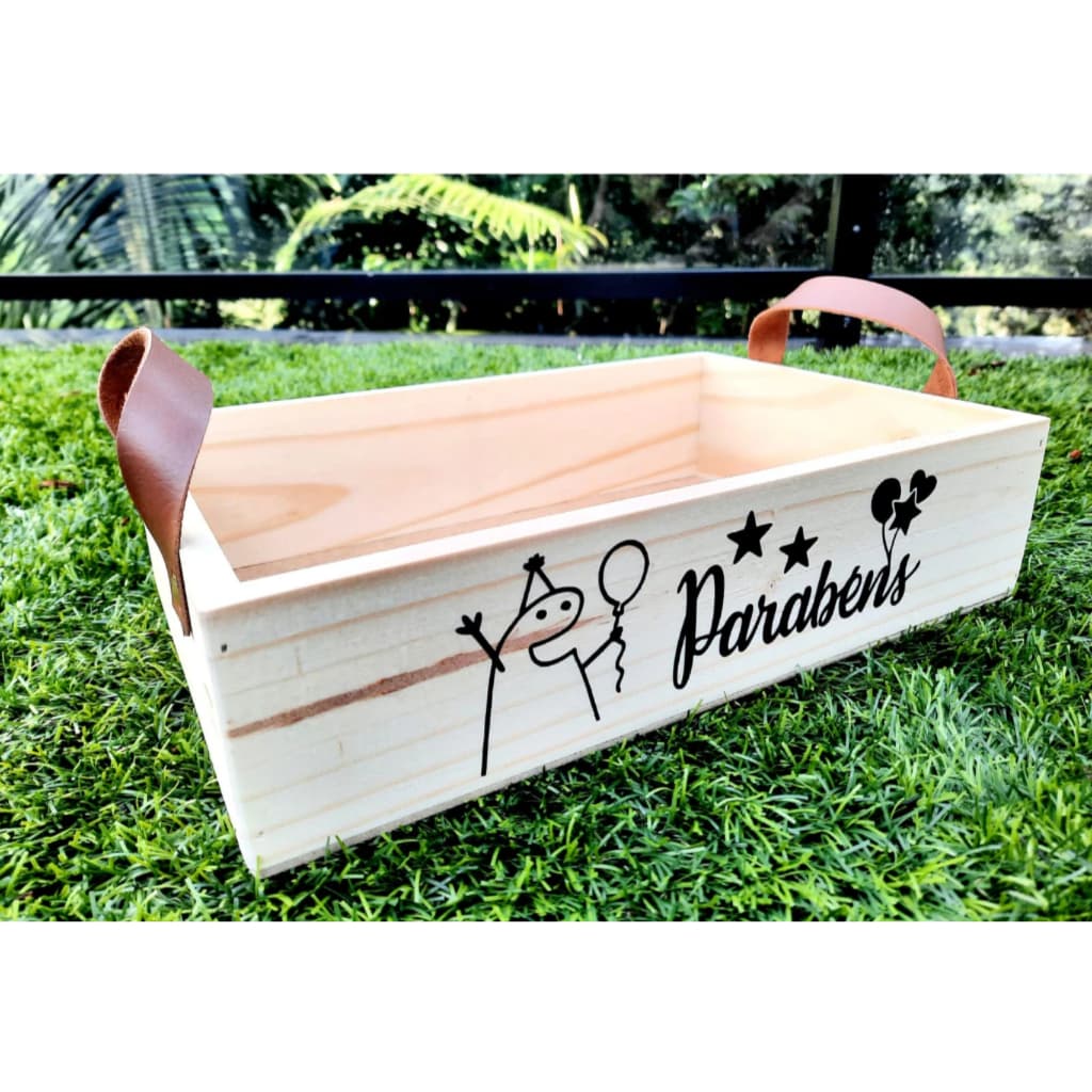 Bandeja com alça em couro e Mensagem estampada para cestaria e presente