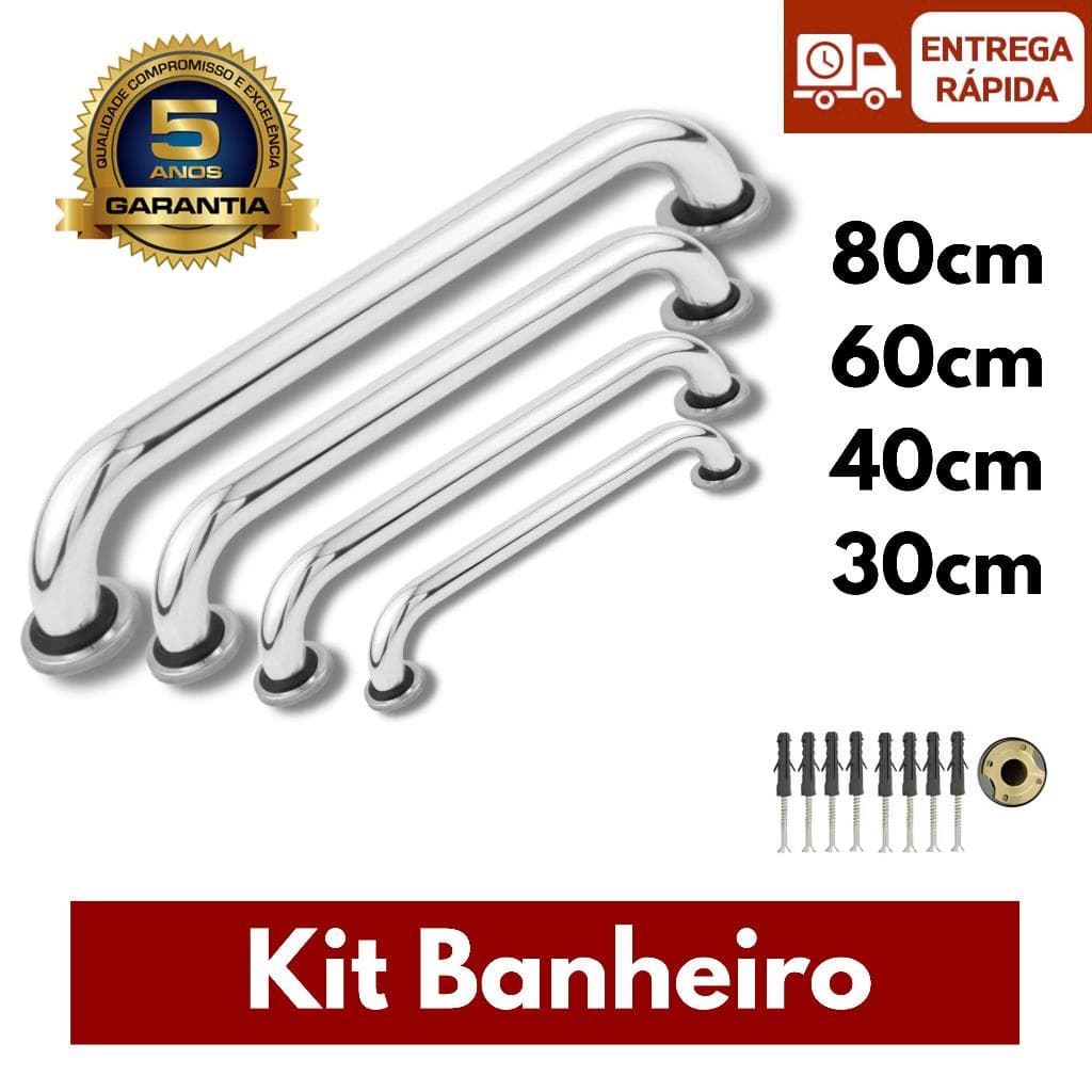 Kit Alças de Apoio Banheiro 4 Tamanhos (80/60/40/30cm) Acessibilidade PCD Idosos Corrimão Barra