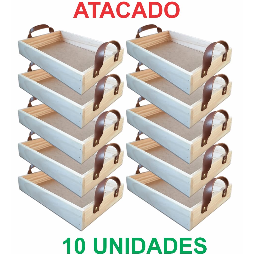 KIT 10un - Bandeja Milano em pinus com alça em couro - altura 5cm
