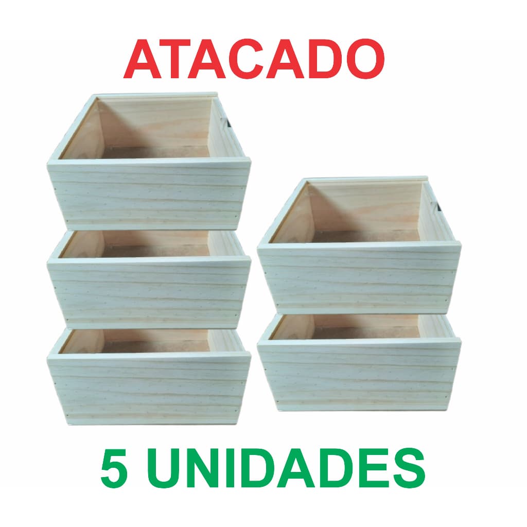 KIT 5un Caixa Estojo Premium em madeira Pinus com tampa transparente - Altura de 9,5cm