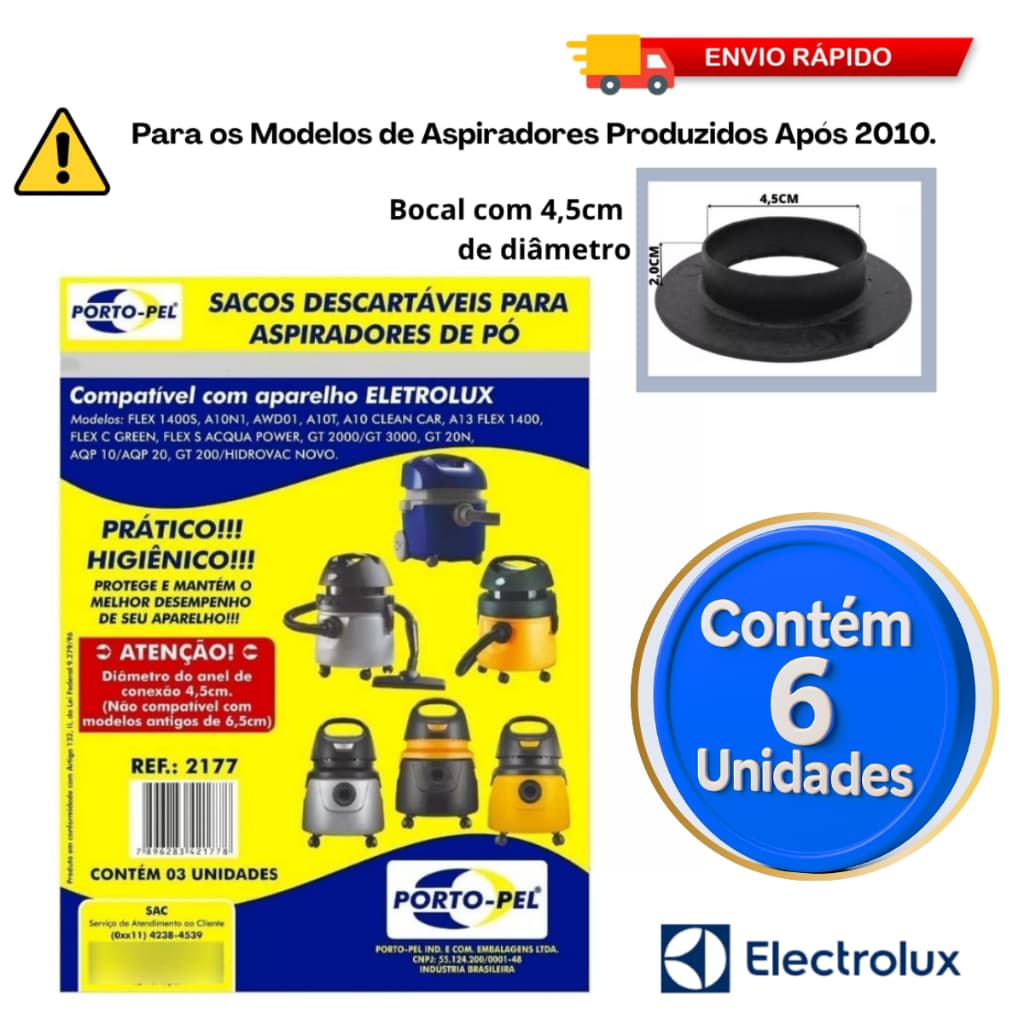 6 Sacos Para Aspirador Pó Electrolux Flex1400 Awd01 Aqp10 Aqp20  Acqua Power A10T GT2000 Gt30n A10n1