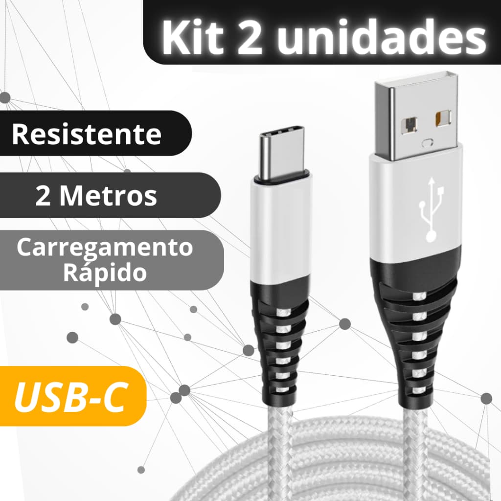 Kit 2 Cabo Tipo C Usb Carregador Ultra Rápido 2 metros Resistente Nylon Anti quebra