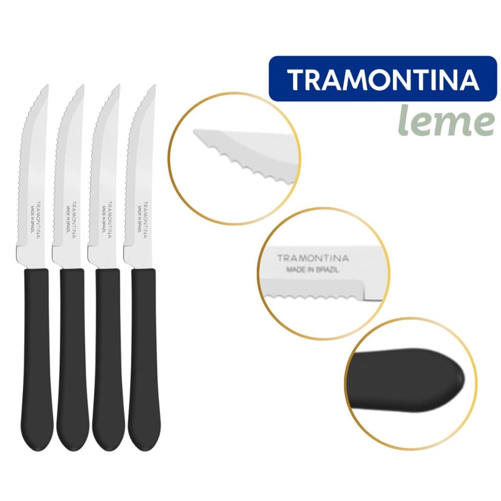 Kit Faca de Mesa Churrasco 4 6 12 peças Tramontina Leme Inox Cabo Preto