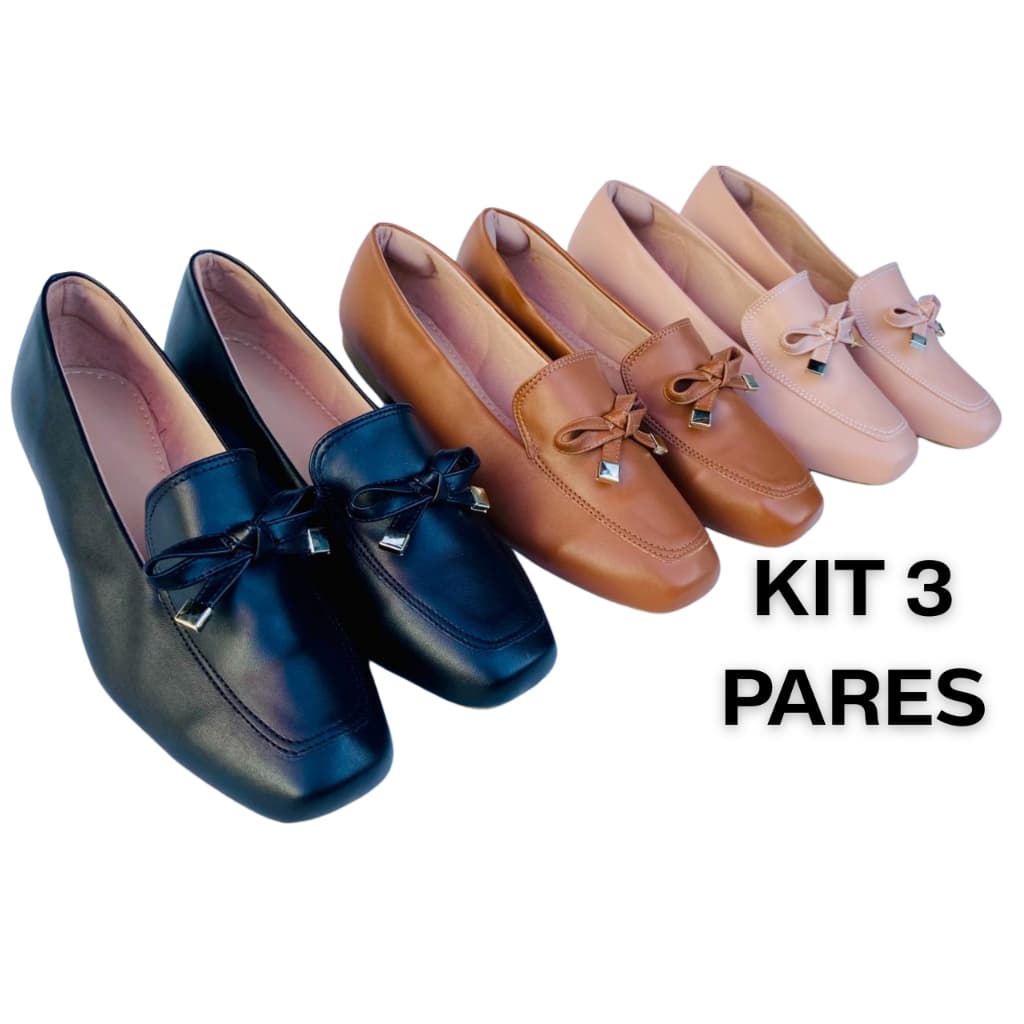 kit  3 Sapatilhas Mocassim Quadrada com detalhe de lacinho Preto+Caramelo+Nude