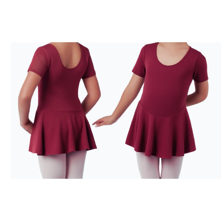 Collant Ballet Manga Curta Com Saia Acoplada Bordô/Vinho-  Balé Infantil