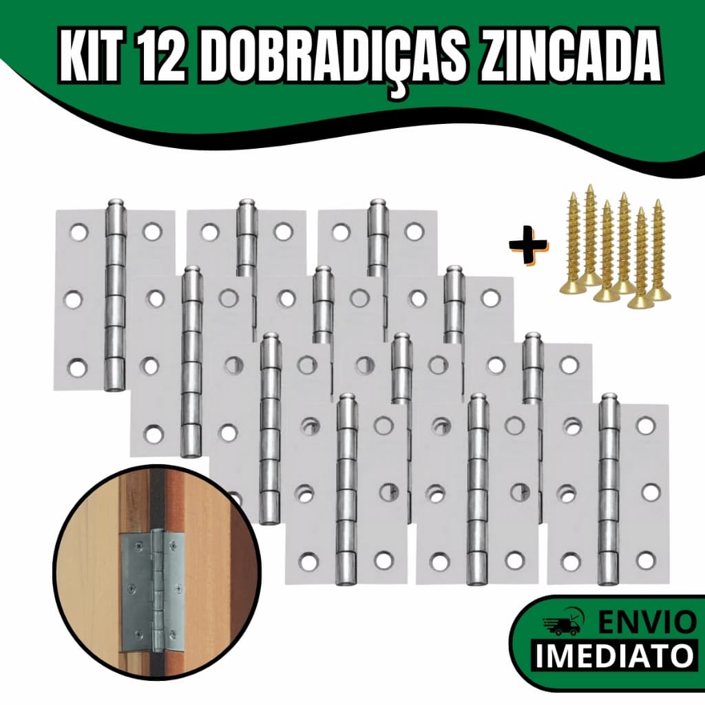 Kit 12 Dobradiças Zincadas com Parafuso  Tamanhos de 3,8cm a 10cm Porta