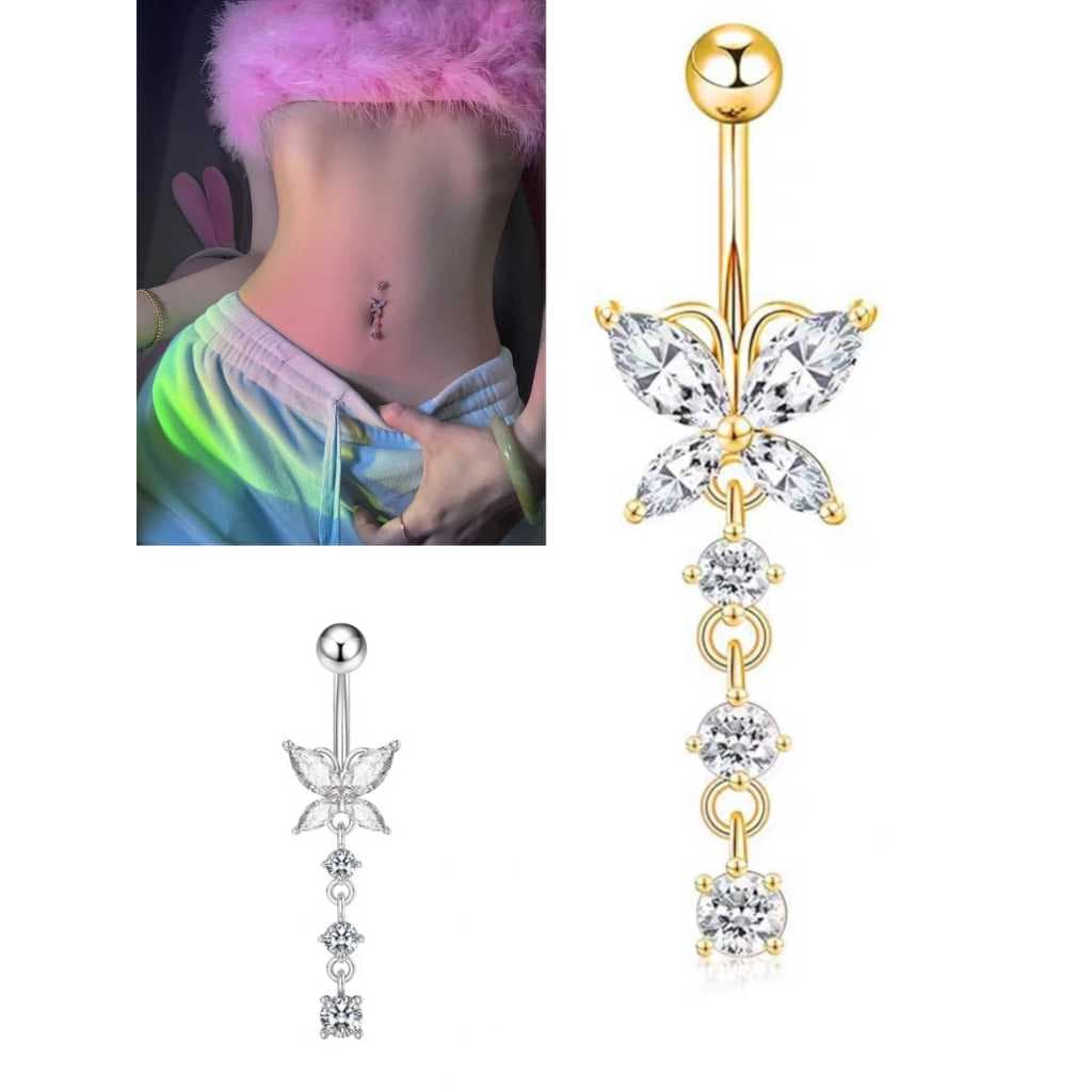 Piercing Borboleta pingente com pedraria cor Prata/Dourado Aço cirúrgico para Umbigo Durável
