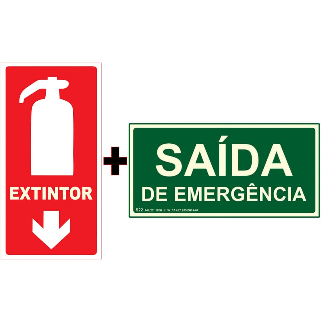 Kit Placa EXTINTOR + SAIDA DE EMERGENCIA Fotoluminescente 10x20 PVC