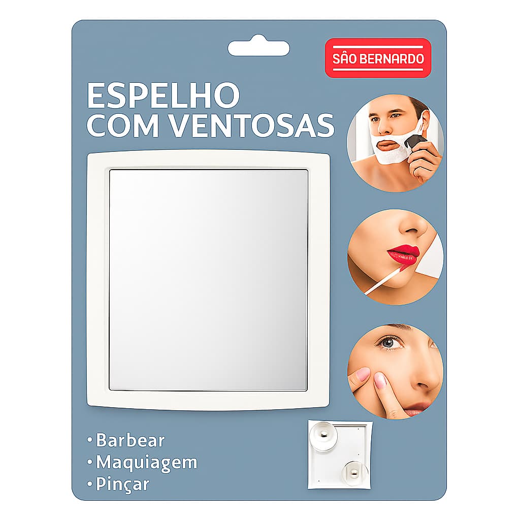 Espelho Quadrado 17 cm com Ventosa para Box – Portátil, Antiembaçante para Barbear & Maquiagem