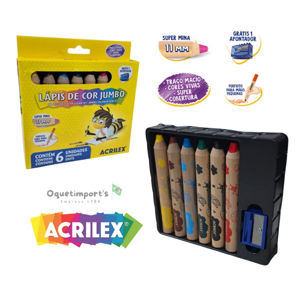 Lápis de Cor Jumbo Grosso 6 Cores com Apontador - Acrilex