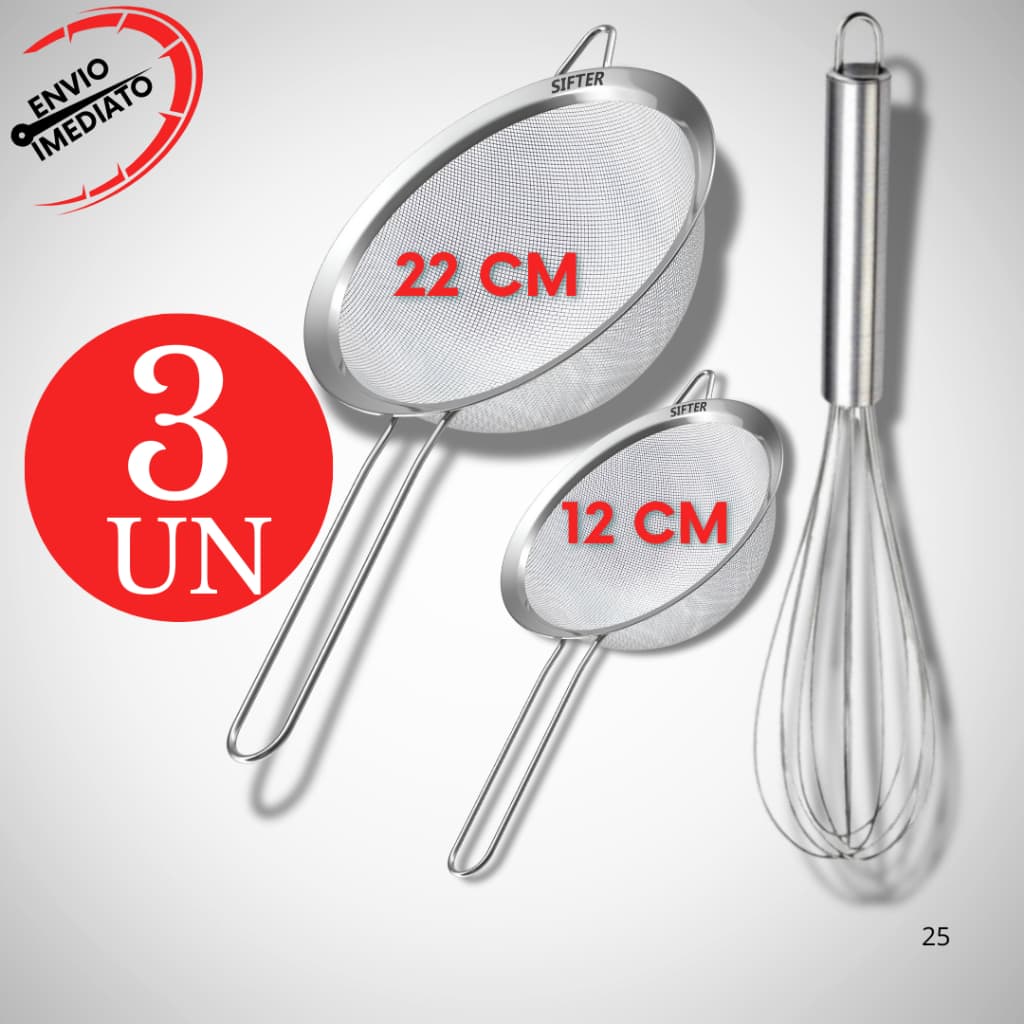 Kit 3 Peças 2 Peneira + Fue Batedor de Ovos Cozinha Confeitaria Pararia Cafeteria