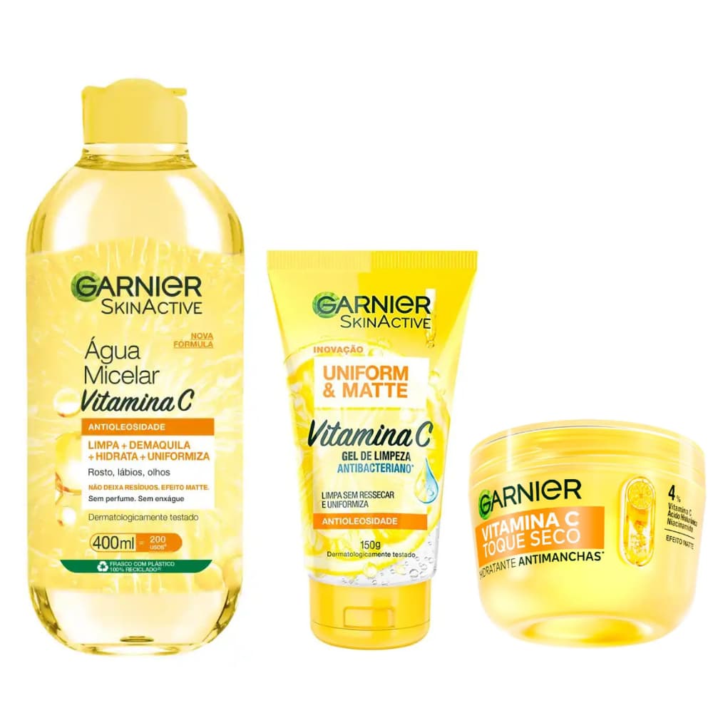 Kit Garnier Vitamina C - Água Micelar 400ml + Gel de Limpeza 150g + Hidratante Antimanchas 85g