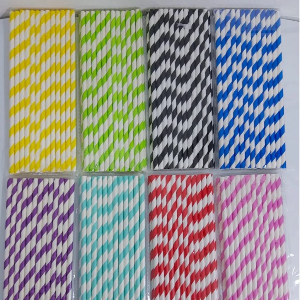 Pacote com 100 Canudos Papel Biodegradável Listrado Para Festa Topo de Bolo Decoração