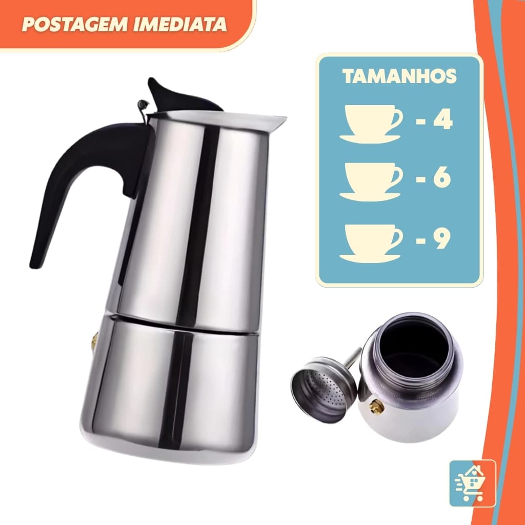 Maquina de Café Cafeteira Italiana 9 Xícaras Expresso e Moka em Inox 4 e 6 Xícaras
