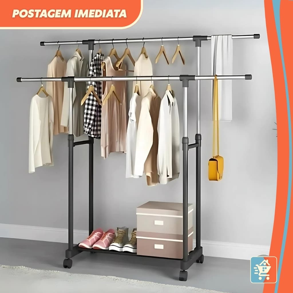 Arara Dupla de Roupa em Aço Inox Cabideiro Sapateira Quarto Resistente c/ Rodinha Multiuso + de 30 Cabides LINHA PREMIUM