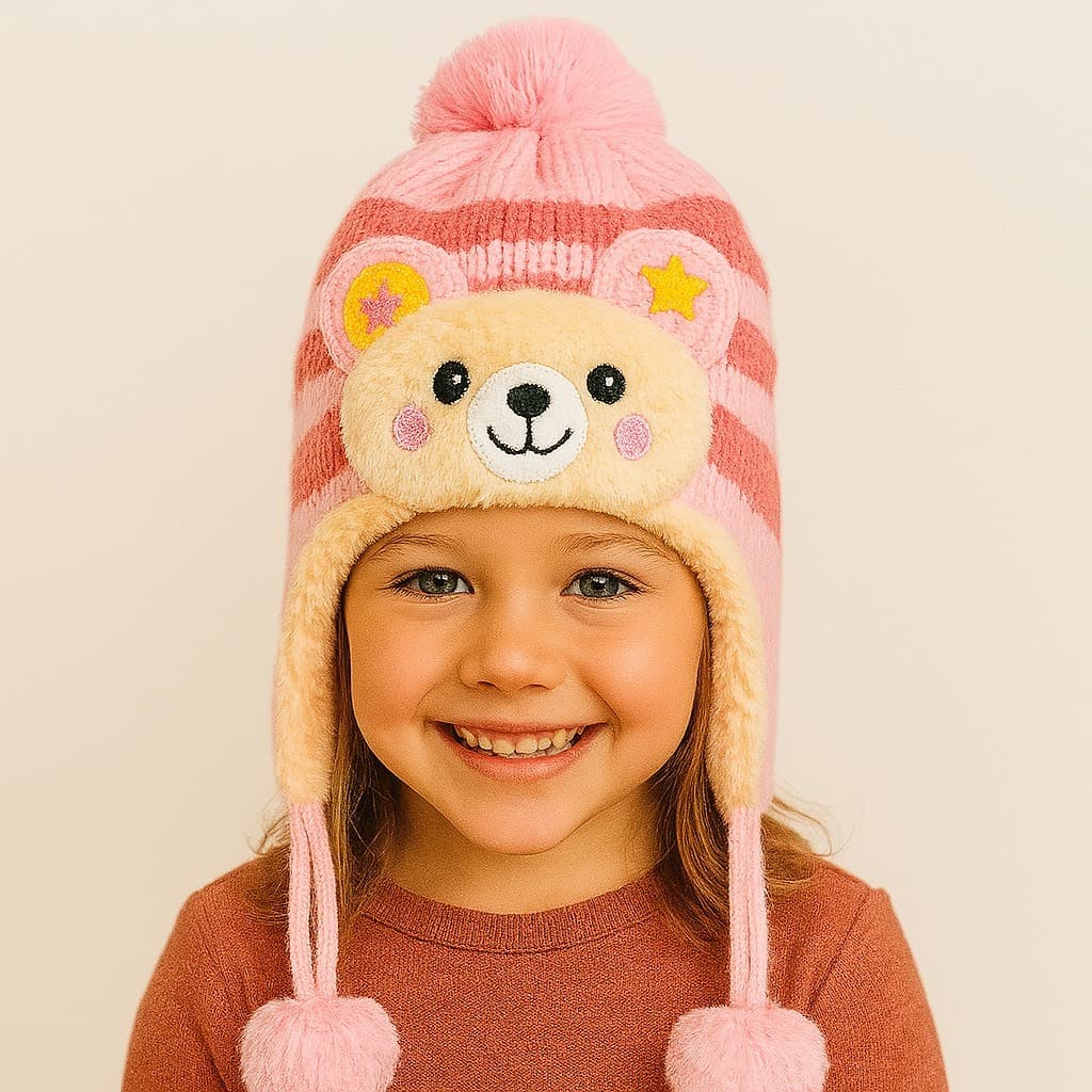 Touca de Bichinhos Tricotada Forrada Com Pelucia Pompom e Cadarço Para o Pescoço da Criança