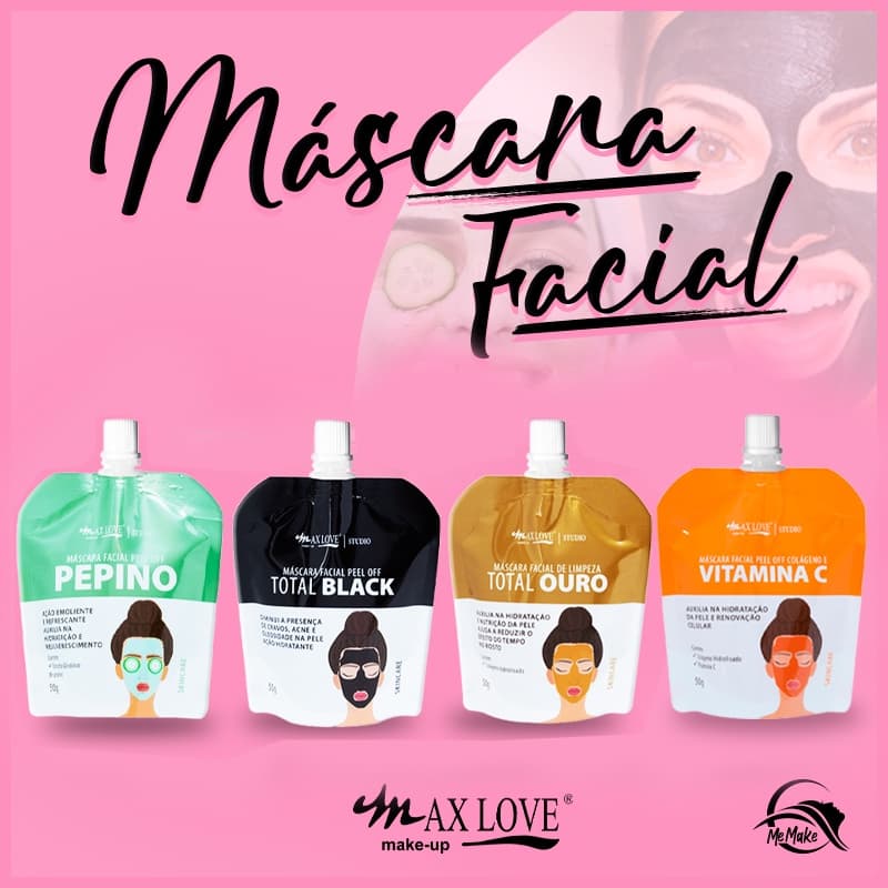 Max Love, máscaras faciais, Pepino, Carvão ativado, Ouro 24K, Colágeno, vitamina C, pele saudável
