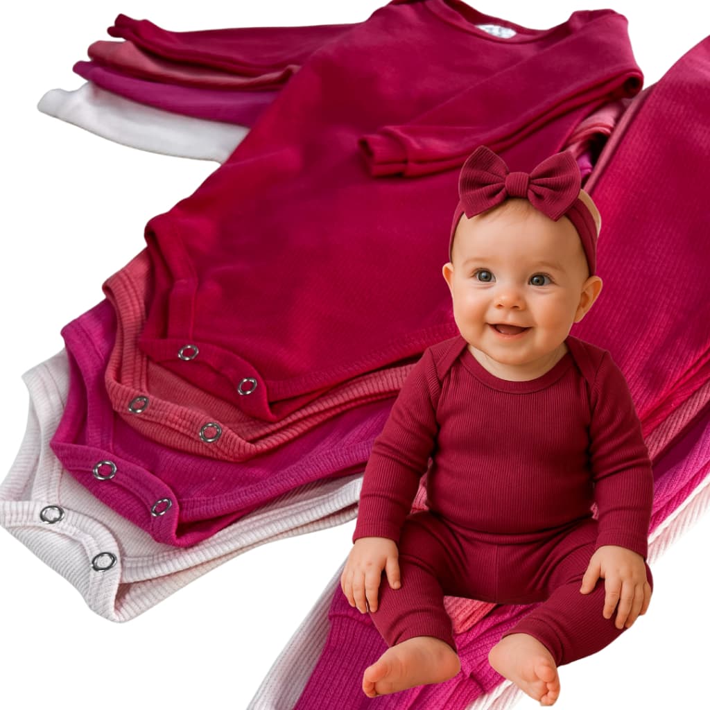 Kit 6 Peças Bebê Menina Body + Calça Mijão Pagão Ribana Canelada Longo RN ao GG 3 Body + 3 Calça