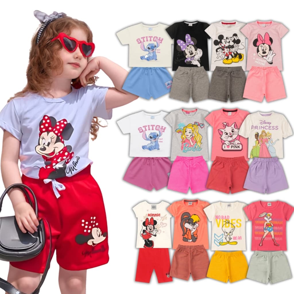 Kits Roupa Menina Infantil Personagens Verão Conjunto Feminino Calor Barbie Minnie Stitch 2 ao 10